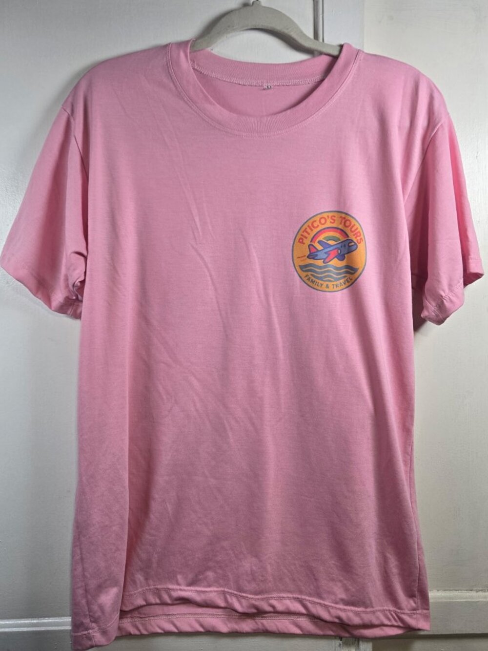 Pitico’s Tours Family & Travel Pink Graphic T-Shirt Size Medium Airplane Travel